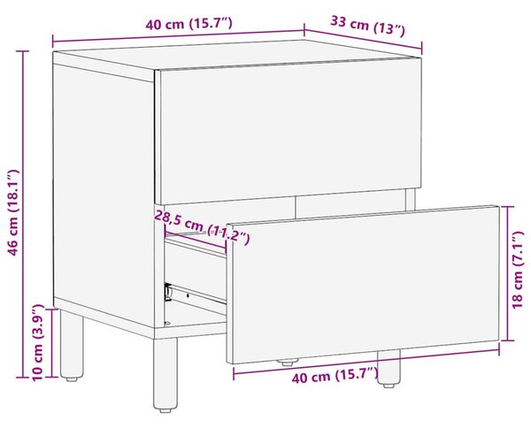 Κομοδίνα 2 τεμ. Μαύρα 40 x 33 x 46 εκ. από Μασίφ Ξύλο Μάνγκο - Μαύρο