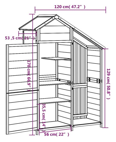 Αποθήκη Εργαλείων Κήπου Καφέ 120x53,5x170 εκ. Μασίφ Ξύλο Πεύκου - Καφέ