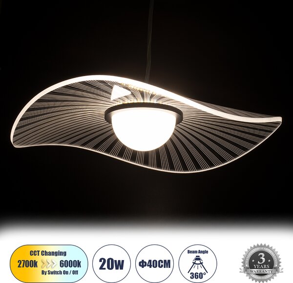 ACRYLICA 60974 Κρεμαστό Φωτιστικό Οροφής Design LED CCT 20W 2240lm 360° AC 220-240V - Εναλλαγή Φωτισμού μέσω Διακόπτη On/Off All In One Ψυχρό 6000k+Φυσικό 4500k+Θερμό 2700k Φ40cm - Μαύρο με Διάφανο Laser Designed Plexiglass - 3 Years Warranty