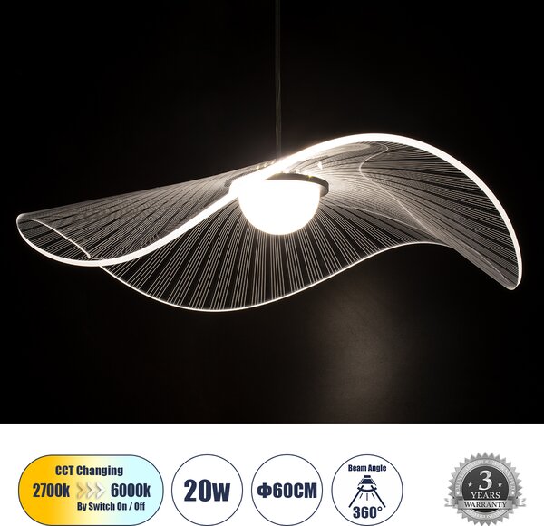 ACRYLICA 60975 Κρεμαστό Φωτιστικό Οροφής Design LED CCT 20W 2240lm 360° AC 220-240V - Εναλλαγή Φωτισμού μέσω Διακόπτη On/Off All In One Ψυχρό 6000k+Φυσικό 4500k+Θερμό 2700k Φ60cm - Μαύρο με Διάφανο Laser Designed Plexiglass - 3 Years Warranty