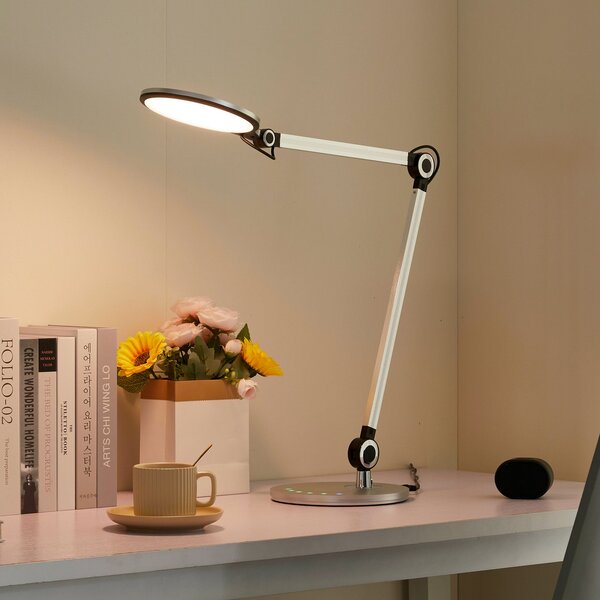 Lindby Επιτραπέζιο φωτιστικό LED Nyxaris, ασημί, μέταλλο, CCT, 50 cm, ρυθμιζόμενος, Μεταλλικό, Μελέτη / Γραφείο, Πλαστικό, σύγχρονο