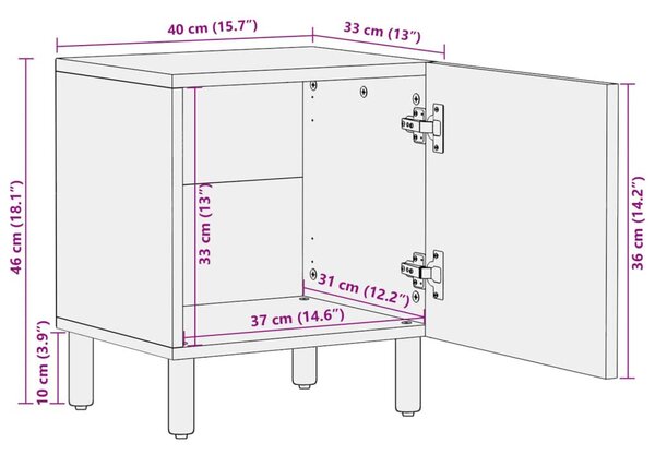 Κομοδίνα 2 τεμ. Μαύρα 40 x 33 x 46 εκ. από Μασίφ Ξύλο Μάνγκο - Μαύρο