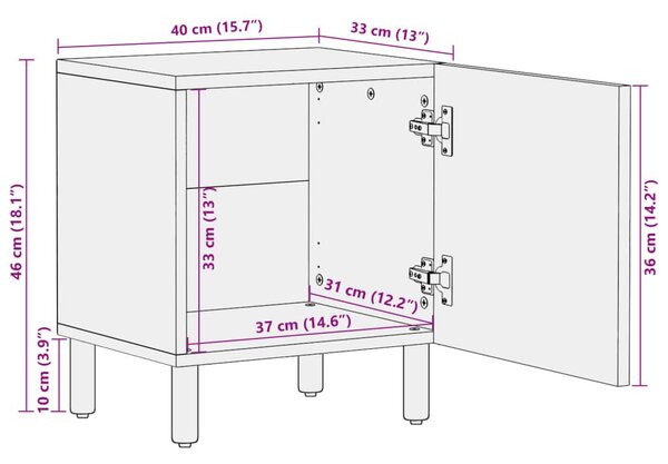 Κομοδίνο Μαύρο 40 x 33 x 46 εκ. από Μασίφ Ξύλο Μάνγκο - Μαύρο