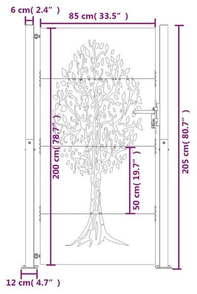 Πύλη Κήπου 105 x 205 εκ. Σχέδιο Δέντρου από Ατσάλι Corten - Καφέ