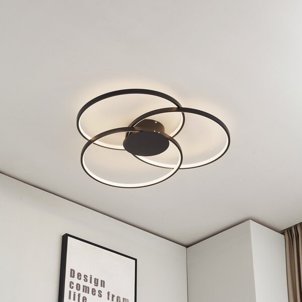 Lindby LED φωτιστικό οροφής Riley, μαύρο, 3.000 K, με δυνατότητα ρύθμισης του, ρυθμιζόμενος, Μαύρο, Σαλόνι / τραπεζαρία, Μέταλλο, σύγχρονο