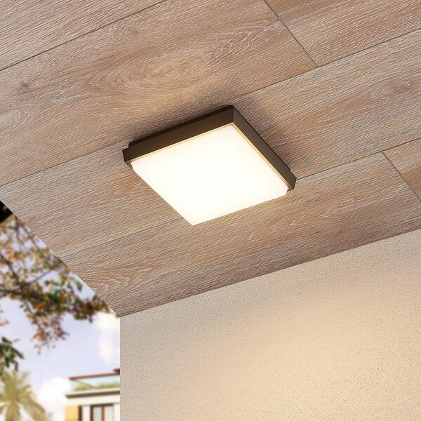 Lucande Amra LED φωτιστικό οροφής εξωτερικού χώρου, γωνιακό 17,5 cm, Γκρι, Πλαστικό, σύγχρονο, Γωνιακός τοίχος