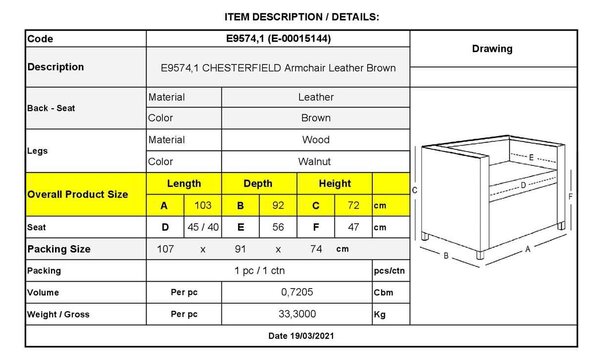 Πολυθρόνα δερμάτινη καφε CHESTERFIELD 103x92x72cm