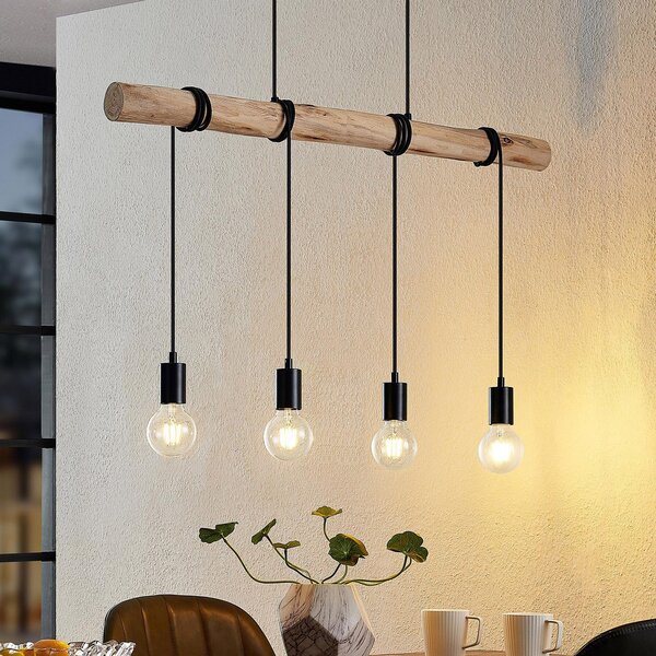 Lindby κρεμαστό φωτιστικό Ferris, 4-φωτο, 90cm, ξύλο, E27, ρυθμιζόμενος, Ξύλου, Σαλόνι / τραπεζαρία, Μέταλλο, Vintage