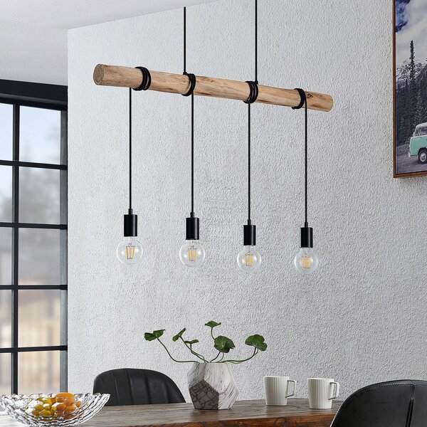 Lindby κρεμαστό φωτιστικό Ferris, 4-φωτο, 90cm, ξύλο, E27, ρυθμιζόμενος, Ξύλου, Σαλόνι / τραπεζαρία, Μέταλλο, Vintage