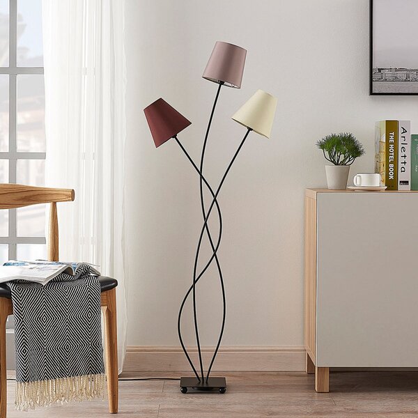 Lindby Φωτιστικό δαπέδου Melis, 130 cm, τρεις λάμπες, ύφασμα, Γκρι, Σαλόνι / τραπεζαρία, Ύφασμα / Κλωστοϋφαντουργία, σύγχρονο