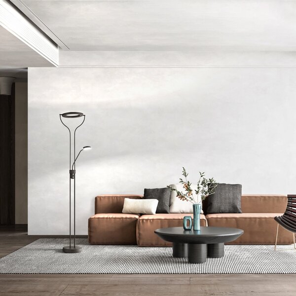 FISCHER & HONSEL Λάμπα δαπέδου LED Davos, μαύρη, ύψος 180 cm, 2 φτερά, CCT, ρυθμιζόμενος, Μαύρο, Σαλόνι / τραπεζαρία, Μέταλλο, Φως ανάγνωσης