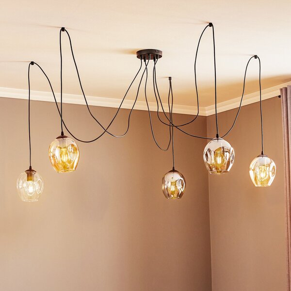 EMIBIG LIGHTING Κρεμαστή λάμπα Starla, γυαλί γραφίτη/κεχριμπαριού/διαφανές, 5 φτερά,, ρυθμιζόμενος, Μαύρο, Σαλόνι / τραπεζαρία, Γυαλί, σύγχρονο