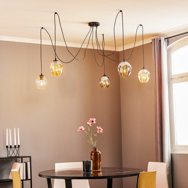 EMIBIG LIGHTING Κρεμαστή λάμπα Starla, γυαλί γραφίτη/κεχριμπαριού/διαφανές, 5 φτερά,, ρυθμιζόμενος, Μαύρο, Σαλόνι / τραπεζαρία, Γυαλί, σύγχρονο