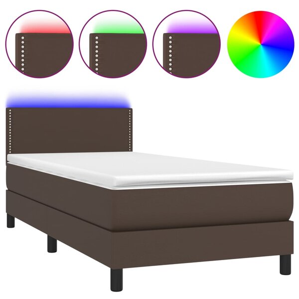 VidaXL Κρεβάτι Boxspring με Στρώμα & LED Καφέ 90x200 εκ. Συνθ. Δέρμα