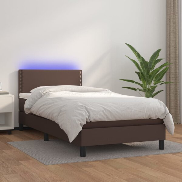 VidaXL Κρεβάτι Boxspring με Στρώμα & LED Καφέ 90x200 εκ. Συνθ. Δέρμα