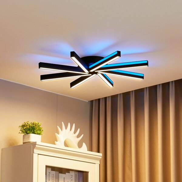 Lucande Έξυπνο φωτιστικό οροφής LED Tjado, Ø70 cm, μαύρο, RGBW, ρυθμιζόμενος, Μαύρο, Σαλόνι / τραπεζαρία, Μέταλλο, σύγχρονο
