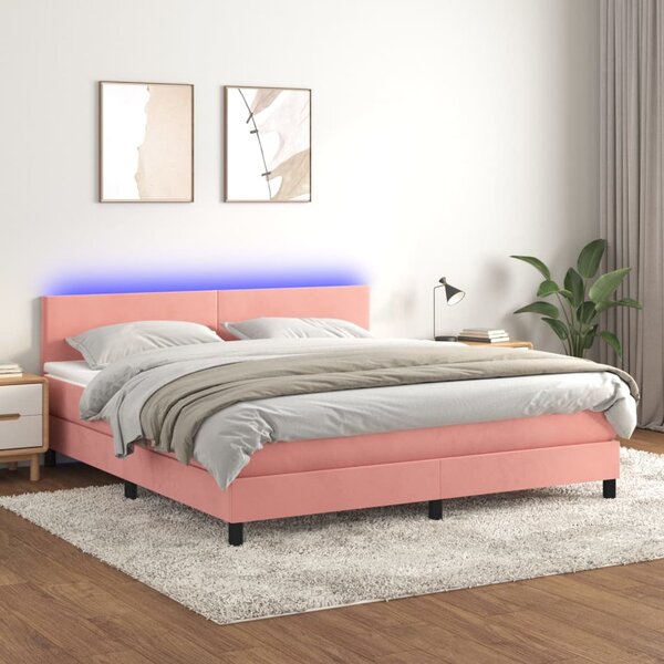 VidaXL Κρεβάτι Boxspring με Στρώμα & LED Ροζ 160x200 εκ. Βελούδινο