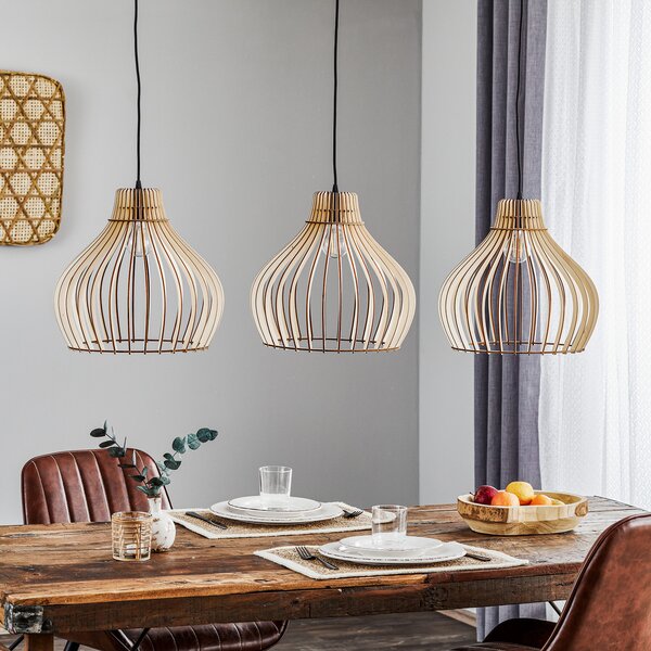 TEMAR LIGHTING Κρεμαστό φωτιστικό Barrel με ξύλινα καλύμματα, 3 φ. μακρύ, ρυθμιζόμενος, Ξύλου, Σαλόνι / τραπεζαρία, Ξύλο, Εξοχική κατοικία / Ρουστίκ