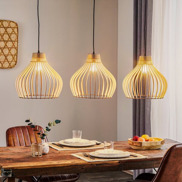 TEMAR LIGHTING Κρεμαστό φωτιστικό Barrel με ξύλινα καλύμματα, 3 φ. μακρύ, ρυθμιζόμενος, Ξύλου, Σαλόνι / τραπεζαρία, Ξύλο, Εξοχική κατοικία / Ρουστίκ