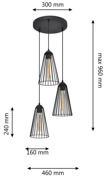 Κρεμαστό φωτιστικό οροφής TORRI 3xE27/15W/230V μαύρο