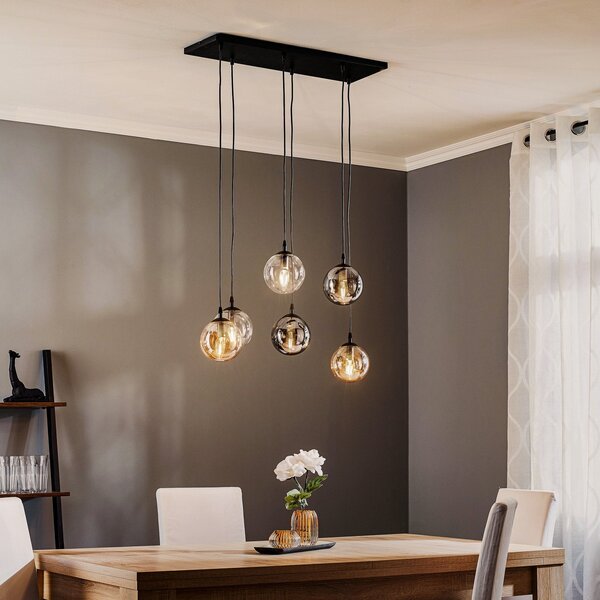 EMIBIG LIGHTING Κρεμαστό φωτιστικό Glassy, 6 φτερά, γραφίτη/κεχριμπάρι/διαφανές, γυαλί, 75 cm, ρυθμιζόμενος, Μαύρο, Σαλόνι / τραπεζαρία, Γυαλί, σύγχρονο