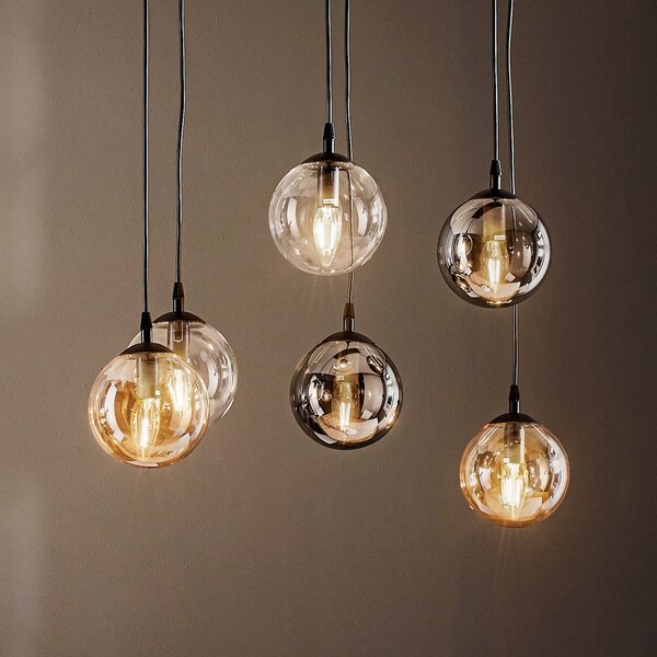 EMIBIG LIGHTING Κρεμαστό φωτιστικό Glassy, 6 φτερά, γραφίτη/κεχριμπάρι/διαφανές, γυαλί, 75 cm, ρυθμιζόμενος, Μαύρο, Σαλόνι / τραπεζαρία, Γυαλί, σύγχρονο