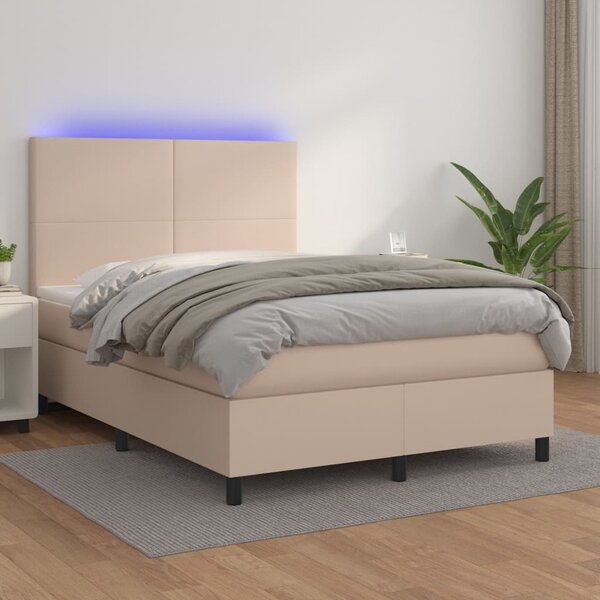 VidaXL Κρεβάτι Boxspring Στρώμα&LED Καπουτσίνο 140x200 εκ. Συνθ. Δέρμα