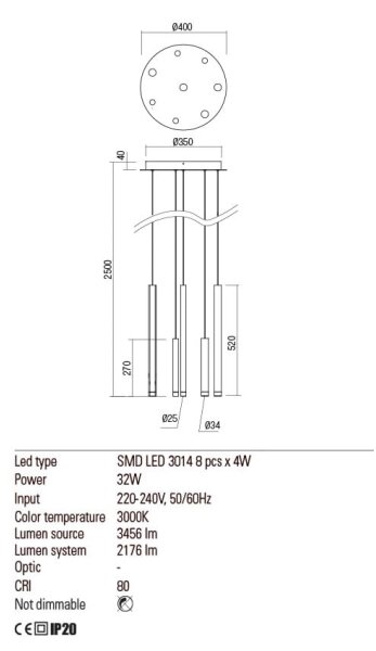 Redo 01-2050 - Πολύφωτο LED με συρματόσχοινο MADISON 8xLED/4W/230V χρυσαφί