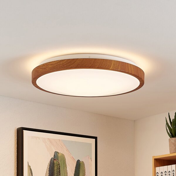 Lindby LED οροφής Mynte, Ø42cm, εμφάνιση ξύλου, πλαστικό, Ξύλου, Σαλόνι / τραπεζαρία, Πλαστικό, σύγχρονο