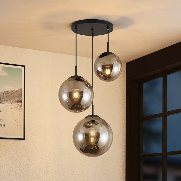 Lindby κρεμαστό φωτιστικό Teeja, καπνός, 3-φωτο, Ø52cm, γυαλί, E27, ρυθμιζόμενος, Γκρι, Σαλόνι / τραπεζαρία, Γυαλί, Vintage