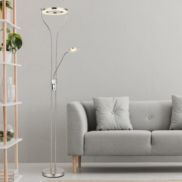 Globo Φωτιστικό δαπέδου LED Ebro, ύψος 194 cm, χρώματος νικελίου, 2-φωτιστικό., ρυθμιζόμενος, Μεταλλικό, Σαλόνι / τραπεζαρία, Μέταλλο, σύγχρονο, Φως ανάγνωσης