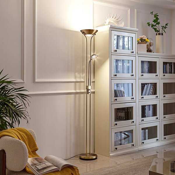 Lindby LED φωτιστικό δαπέδου Josefin, χάλκινο, φως ανάγνωσης, ρυθμιζόμενο, ρυθμιζόμενος, Μπρούτζινο / Αντικέ ορείχαλκου, Σαλόνι / τραπεζαρία, Μέταλλο, σύγχρονο, Φως ανάγνωσης
