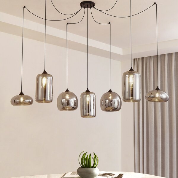 Lindby κρεμαστό φωτιστικό Marla, 7-light, γυαλί, γκρι καπνί, 128cm, ρυθμιζόμενος, Μαύρο, Σαλόνι / τραπεζαρία, Γυαλί, σύγχρονο