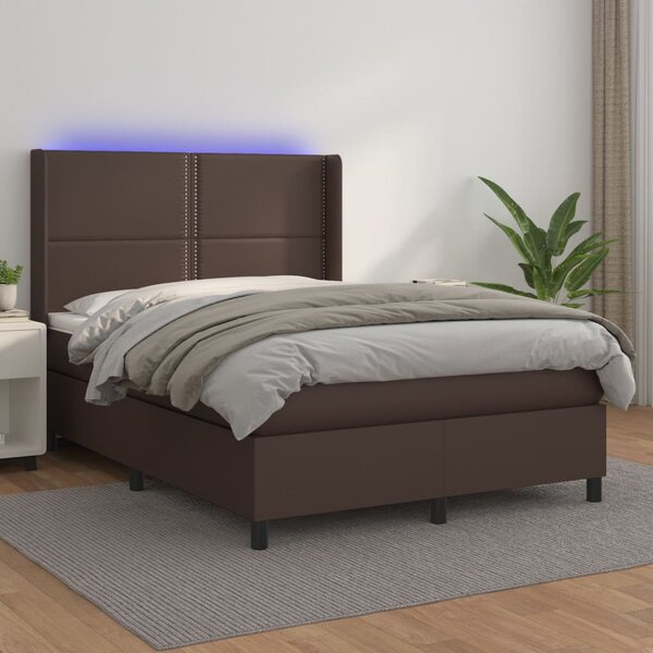 VidaXL Κρεβάτι Boxspring με Στρώμα & LED Καφέ 140x200 εκ. Συνθ. Δέρμα