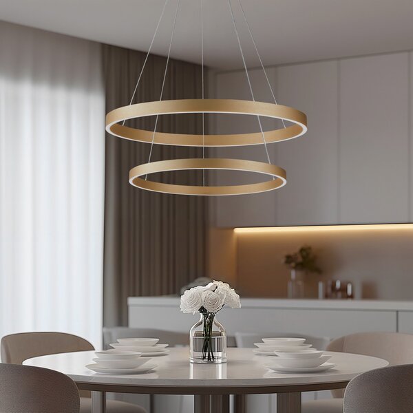 Lucande Smart LED κρεμαστό φωτιστικό Yonam, χρυσό, 2-φωτο, Tuya, ρυθμιζόμενος, Χρυσό / Ορείχαλκου, Σαλόνι / τραπεζαρία, Αλουμίνιο, σύγχρονο
