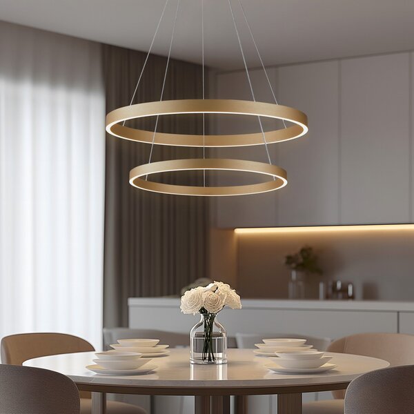 Lucande Smart LED κρεμαστό φωτιστικό Yonam, χρυσό, 2-φωτο, Tuya, ρυθμιζόμενος, Χρυσό / Ορείχαλκου, Σαλόνι / τραπεζαρία, Αλουμίνιο, σύγχρονο