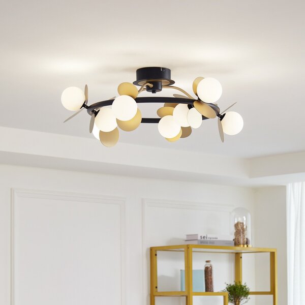 Lucande LED φωτιστικό οροφής Pallo, 9-light, μαύρο/χρυσό, γυαλί, ρυθμιζόμενος, Μαύρο, Σαλόνι / τραπεζαρία, Μέταλλο, σύγχρονο
