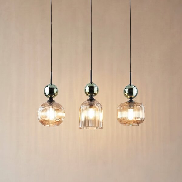 TK Lighting Κρεμαστό φωτιστικό Sophia, 3 λάμπες, κονιάκ/πράσινο, μήκος 65 cm, E14, ρυθμιζόμενος, Πράσινο, Σαλόνι / τραπεζαρία, Γυαλί, σύγχρονο