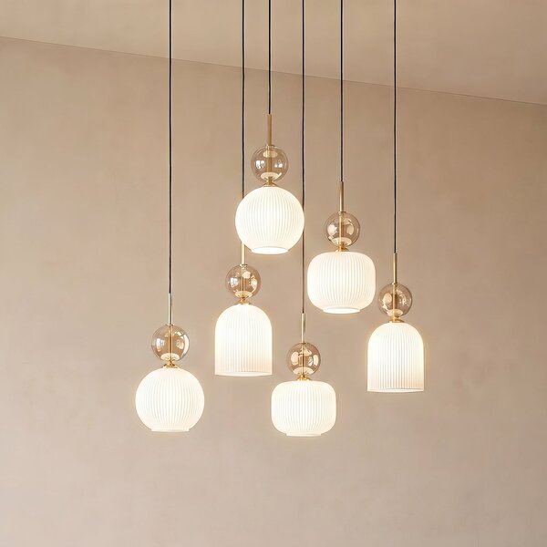 TK Lighting Κρεμαστή λάμπα Sophia, 6 λαμπτήρες, λευκό/κονιάκ, μήκος 65 cm, E14, ρυθμιζόμενος, Λευκό, Σαλόνι / τραπεζαρία, Γυαλί, σύγχρονο