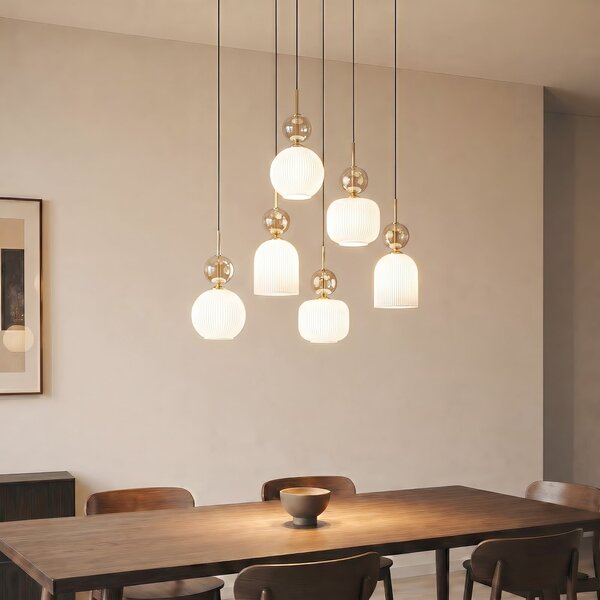 TK Lighting Κρεμαστή λάμπα Sophia, 6 λαμπτήρες, λευκό/κονιάκ, μήκος 65 cm, E14, ρυθμιζόμενος, Λευκό, Σαλόνι / τραπεζαρία, Γυαλί, σύγχρονο