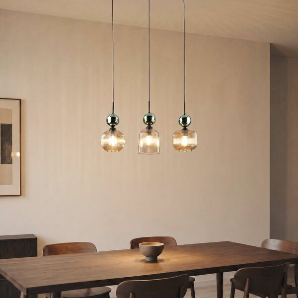 TK Lighting Κρεμαστό φωτιστικό Sophia, 3 λάμπες, κονιάκ/πράσινο, μήκος 65 cm, E14, ρυθμιζόμενος, Πράσινο, Σαλόνι / τραπεζαρία, Γυαλί, σύγχρονο