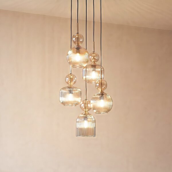TK Lighting Κρεμαστό φωτιστικό Sophia, 5 λαμπτήρες, Ø 37 cm, κονιάκ/μαύρο, E14, ρυθμιζόμενος, Γκρι, Σαλόνι / τραπεζαρία, Γυαλί, σύγχρονο