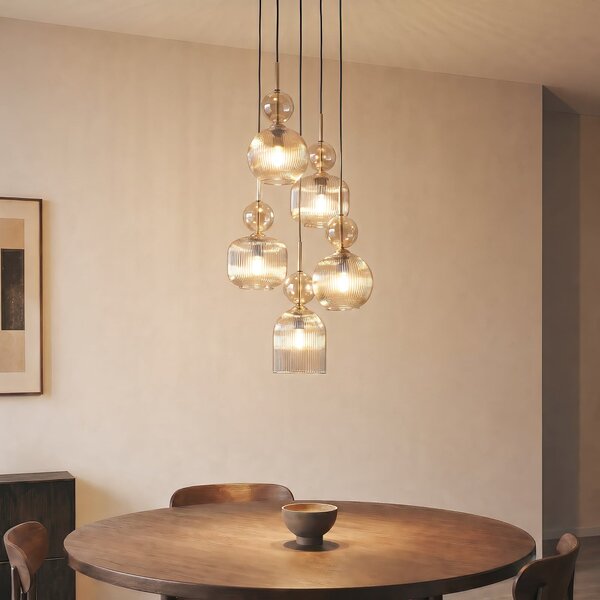 TK Lighting Κρεμαστό φωτιστικό Sophia, 5 λαμπτήρες, Ø 37 cm, κονιάκ/μαύρο, E14, ρυθμιζόμενος, Γκρι, Σαλόνι / τραπεζαρία, Γυαλί, σύγχρονο