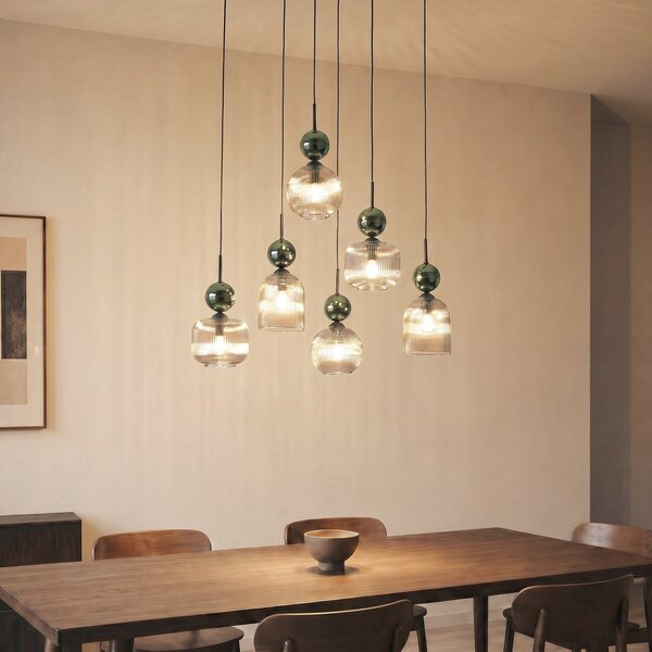 TK Lighting Κρεμαστό φωτιστικό Sophia, 6 λαμπτήρες, κονιάκ/πράσινο, μήκος 65 cm, E14, ρυθμιζόμενος, Πράσινο, Σαλόνι / τραπεζαρία, Γυαλί, σύγχρονο