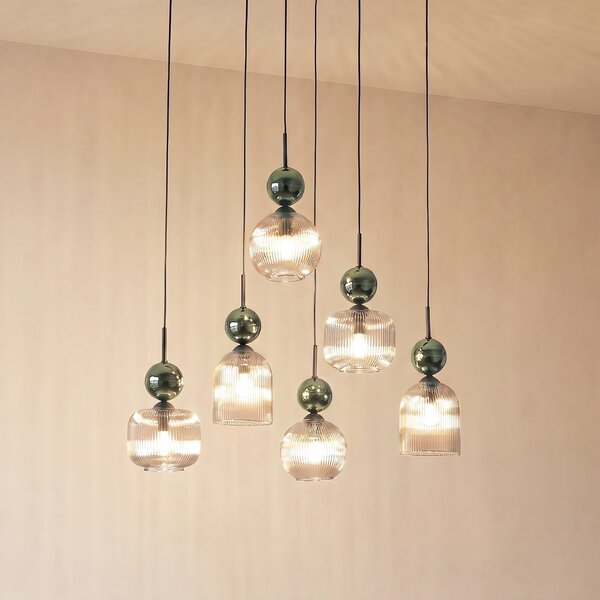 TK Lighting Κρεμαστό φωτιστικό Sophia, 6 λαμπτήρες, κονιάκ/πράσινο, μήκος 65 cm, E14, ρυθμιζόμενος, Πράσινο, Σαλόνι / τραπεζαρία, Γυαλί, σύγχρονο