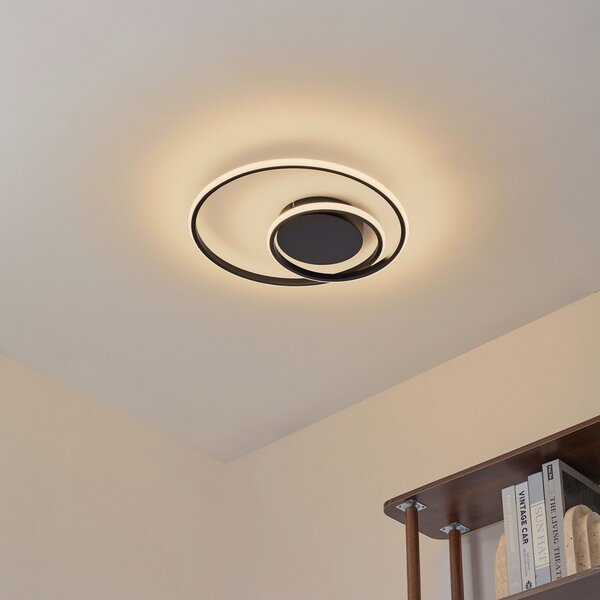Lindby LED φωτιστικό οροφής Kyron, μαύρο, αλουμίνιο, dimmable, Ø45cm, ρυθμιζόμενος, Μαύρο, Σαλόνι / τραπεζαρία, Αλουμίνιο, σύγχρονο
