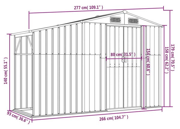 Αποθήκη Κήπου Γκρι 277x93x179 εκ. από Γαλβανισμένο Ατσάλι - Γκρι