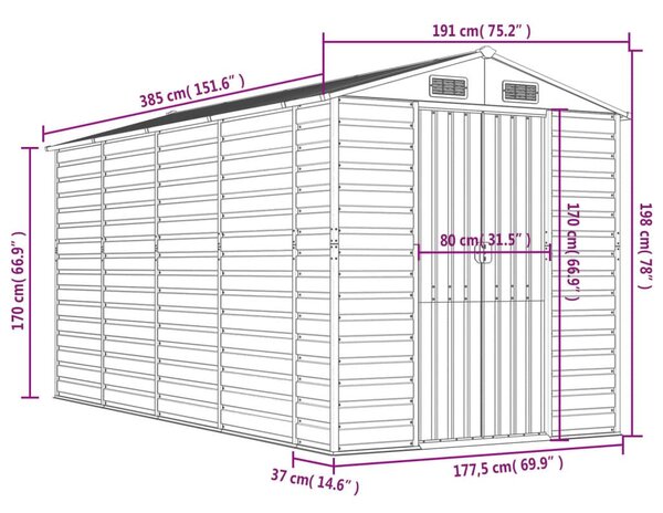 Αποθήκη Κήπου Ανοιχτό Γκρι 191x385x198 εκ. Γαλβανισμένο Ατσάλι - Γκρι