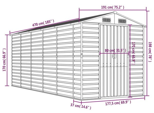 Αποθήκη Κήπου Ανθρακί 191x470x198 εκ. Γαλβανισμένο Ατσάλι - Ανθρακί