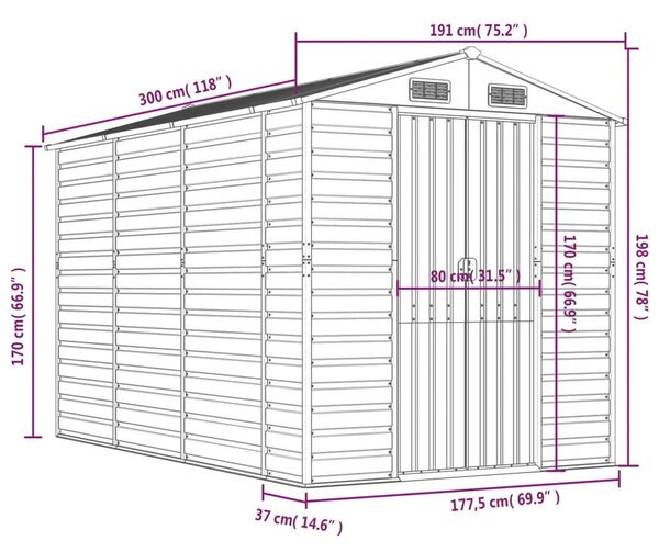 Αποθήκη Κήπου Ανοιχτό Γκρι 191x300x198 εκ. Γαλβανισμένο Ατσάλι - Γκρι